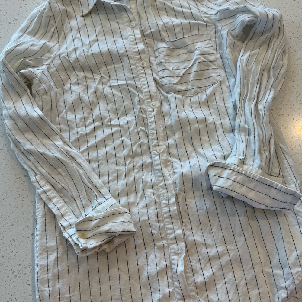 S Michael Kors Linen Women's Small Striped Dress Shirt Tunic Top Boho Classic